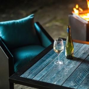 Blue Ironfire bistro table, chair and fire pit