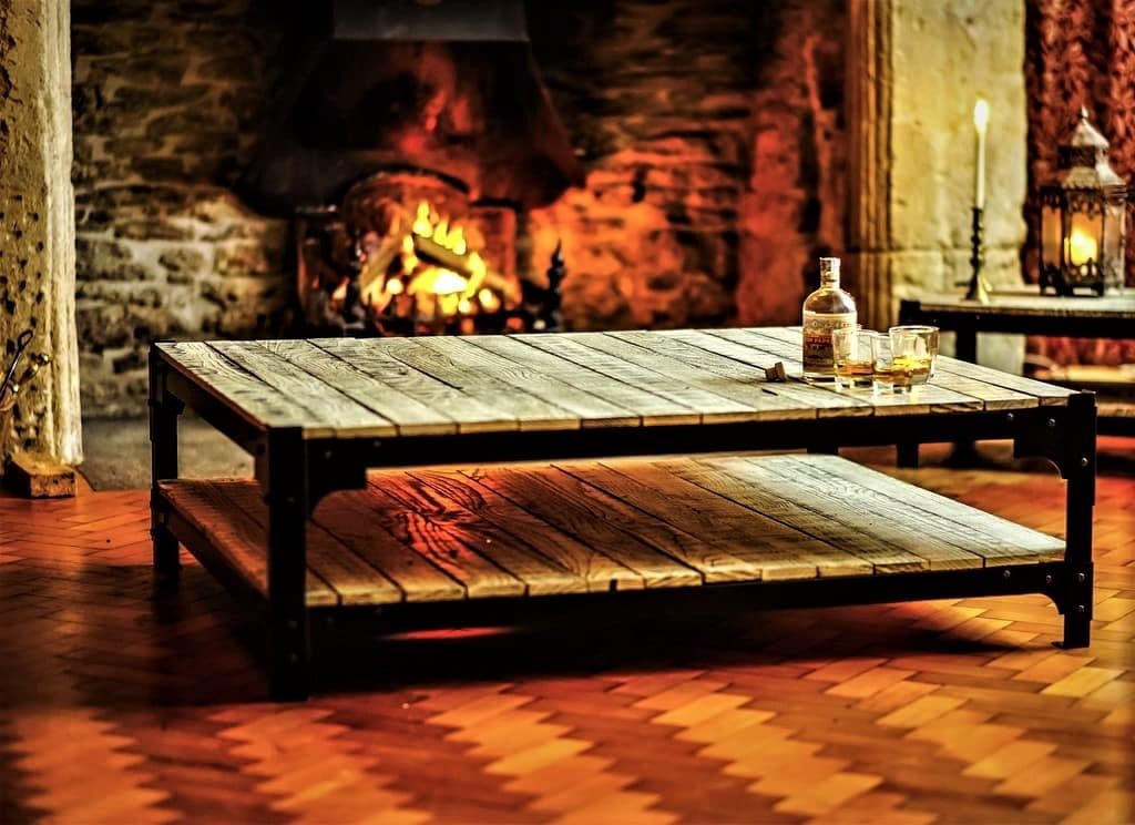 White Coffee table in front of fire